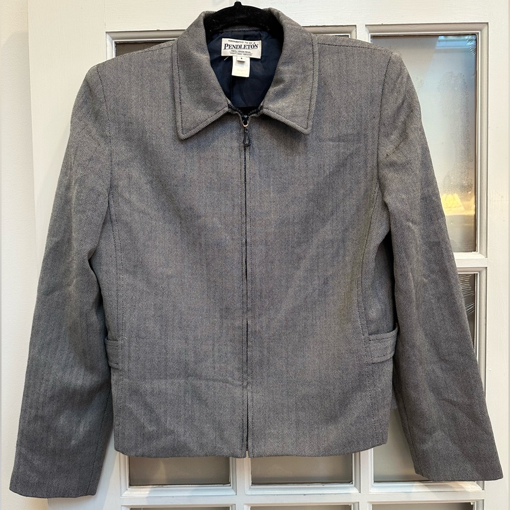 Vintage Pendleton 100% Wool Zip Up Charcoal Gray Tweed Herringbone Jacket Size 6 - Picture 11 of 11